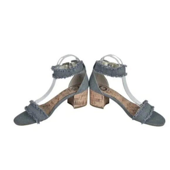 G By Guess Frayed  Denim Sandal Heel Chunky Cork Heel Open Toe Size 8.5 - Picture 6 of 16
